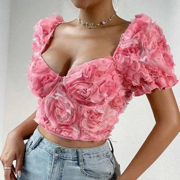 Pink Boho Womens Floral Appliques Sweetheart Neck Puff Sleeve Crop Top - Picture 5 of 5